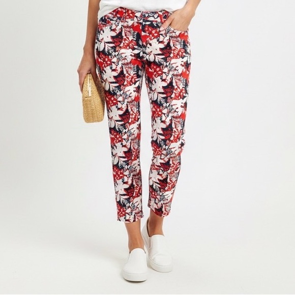 Reitmans Pants - Reitmans | Vibrant Red and Navy Tropical Patterned Floral 7/8 Capri Pants